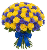 Elegant Bouquet of Roses with Blue Corflowers - Flowers Box London