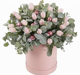Elegant Tulips and Eucalyptus Gift Box with Chocolates - Flowers Box London