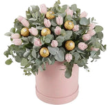 Elegant Tulips and Eucalyptus Gift Box with Chocolates - Flowers Box London