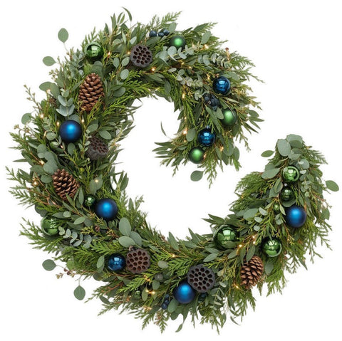 Eucalyptus and Conifer with Blue and Green Baubles Xmas Garland - Flowers Box London
