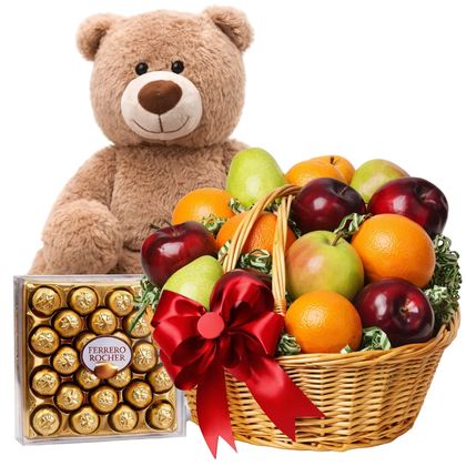Ferrero Rocher and Fruit Basket with Teddy Bear - Flowers Box London