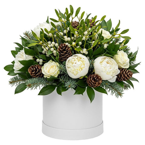 Festive Box of White Peonies and Roses - Flowers Box London