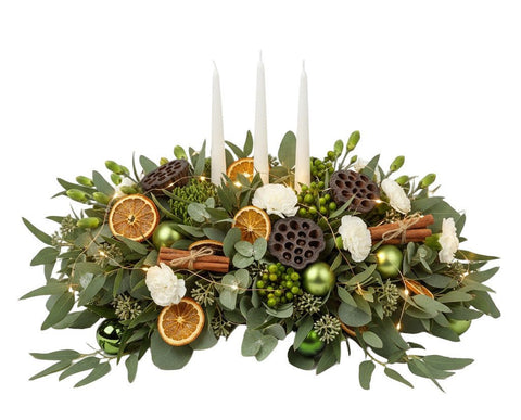 Festive Centerpiece of Green Baubles and White Spray Carnations - Flowers Box London