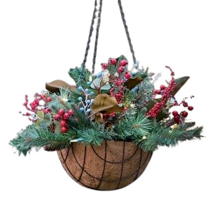 Festive Hanging Basket with Berry and Twinkling Lights - Flowers Box London