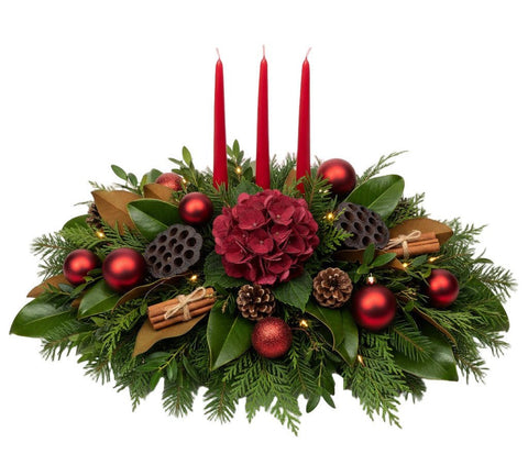 Festive Red Hydrangea and Magnolia Leaf Centerpiece - Flowers Box London