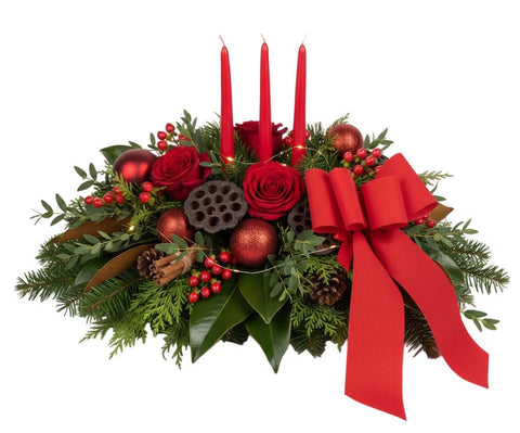 Festive Red Rose and Magnolia Centerpiece With Holiday Baubles - Flowers Box London
