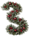 Festive Snowing Spruce and Pine Garland with Red Baubles and Lights - Flowers Box London