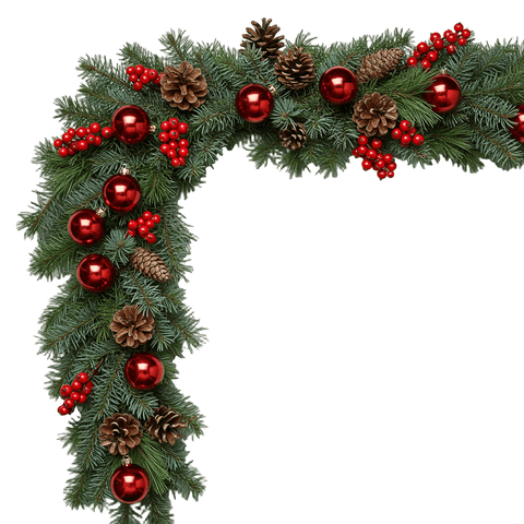 Festive Spruce Garland with Red Baubles and Ilex Berries - Flowers Box London