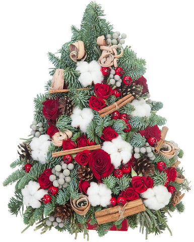 Festive Tree Box Arrangement with Fresh Roses: A Festive Elegance Box