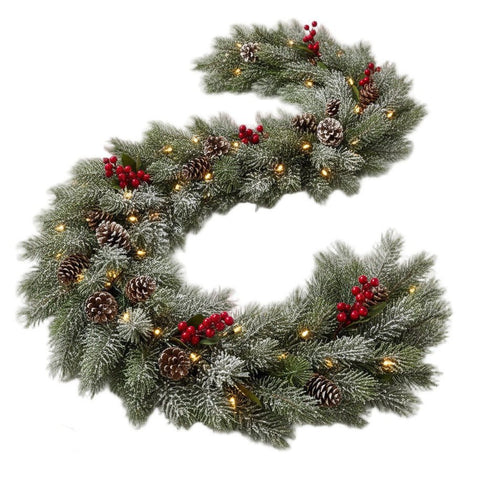 Fresh Spruce Christmas Garland with Artificial Snow and Lights - Flowers Box London