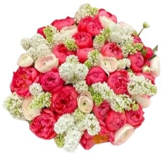 Glamour Bouquet of Coral Peonies with Lilac and Ranunculus - Flowers Box London