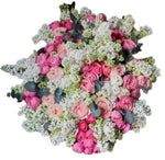 Glamour Bouquet of Peach and Pink Spray Roses with Lilac