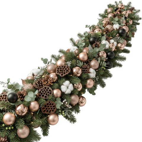 Glamur Spruce Garland with Rose Gold Shine & Black Bauble - Flowers Box London