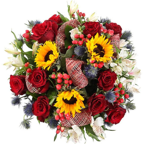 Gorgeous Bouquet of Sunflowers and Red Roses - Flowers Box London