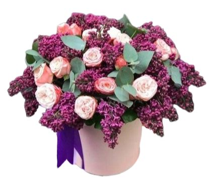 Gorgeous Box of Lilac Flower with Peach Garden Roses