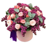 Gorgeous Box of Lilac Flower with Peach Garden Roses