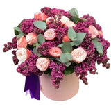 Gorgeous Box of Lilac Flower with Peach Garden Roses