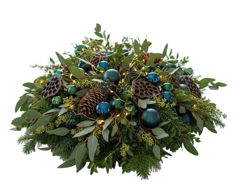 Green and Navy Bauble Centerpiece With Woodland Winter Details - Flowers Box London