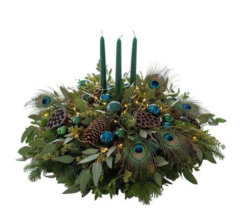 Green Candle Woodland Centerpiece With Navy Ornaments and Berries - Flowers Box London