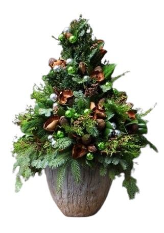 Green Christmas Tree Pot Arrangement : with Baubles and Rustic Flair - Flowers Box London