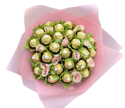 Green Wrapped Chocolate Bouquet with Pink Roses - Flowers Box London