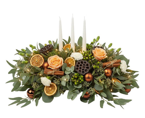 Holiday Centerpiece of Cooper Baubles and Soft Peach Roses - Flowers Box London