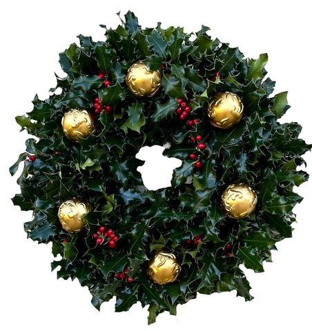 Holly Christmas Wreath with Gold Baubles - Flowers Box London