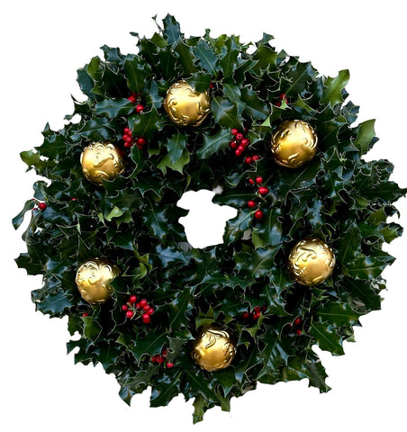 Holly Christmas Wreath with Gold Baubles