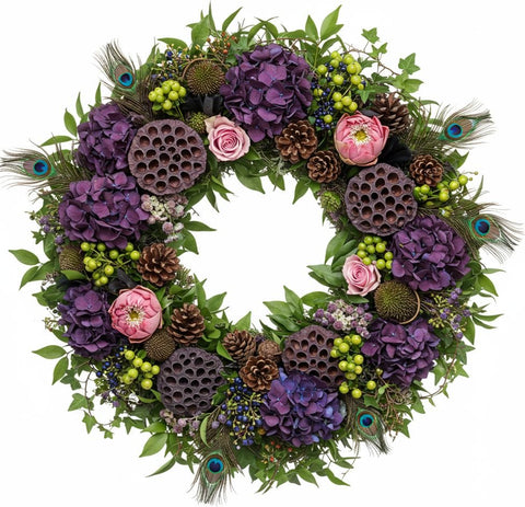 Hydrangea and Pink Blooms Rustic Festive Wreath - Flowers Box London