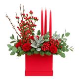 Hypericum Berries with Red Roses and Candles Festive Box - Flowers Box London
