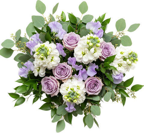 Lavender Roses with Stock and Sweet Pea Bouquet
