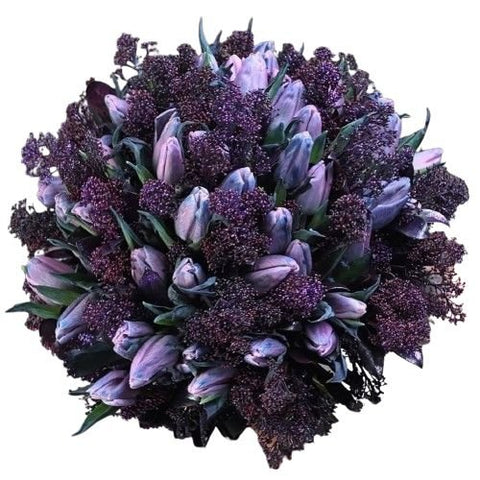 Lavender Tulips and Deep Purple Skimmia Bouquet - Flowers Box London