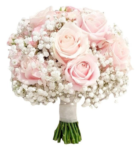 Light Pink Roses with Gypsophila Wedding Bouquet - Flowers Box London