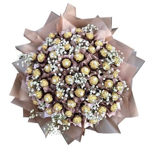 Lovely Rose Gold Wrapped Chocolate in Gypsophila Bouquet - Flowers Box London