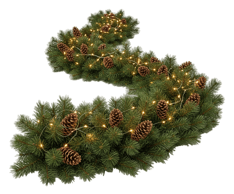Luxe Evergreen Garland with Cones and Soft Lighting - Flowers Box London