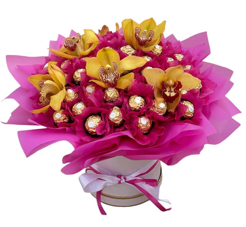 Luxury Box of Chocolates with Cymbidium Orchids - Flowers Box London