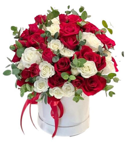 Luxury Box of Red and White Spray Roses with Eucalyptus - Flowers Box London