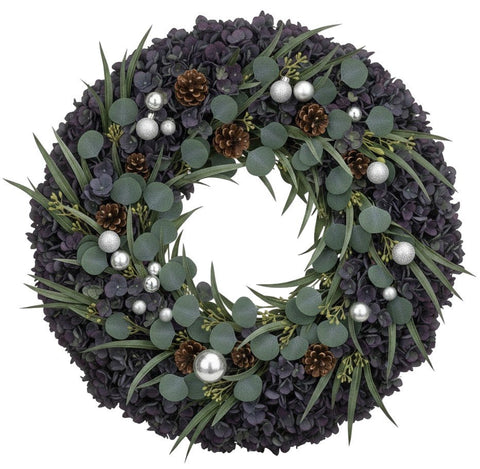 Luxury Festive Wreath of Pimpernel Hydrangea and Silver Baubles - Flowers Box London