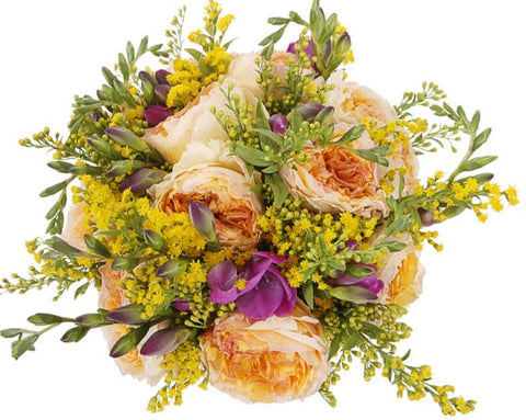 Luxury Peach Garden Roses with Cerise Freesias Bouquet