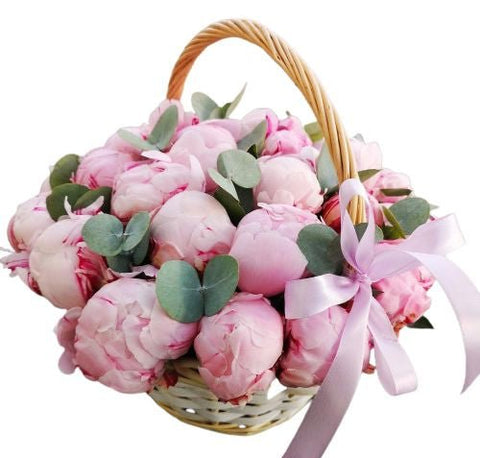 Luxury Peonies with Eucalyptus Basket - Flowers Box London