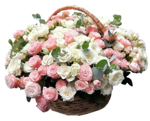 Luxury Pink and White Spray Roses in Basket - Flowers Box London