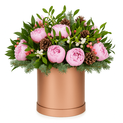 Luxury Pink Peonies with Berries Christmas Box - Flowers Box London