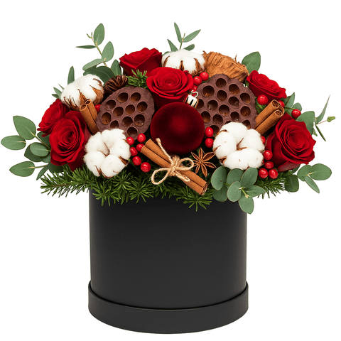 Luxury Red Roses with Baubles Holiday Box - Flowers Box London