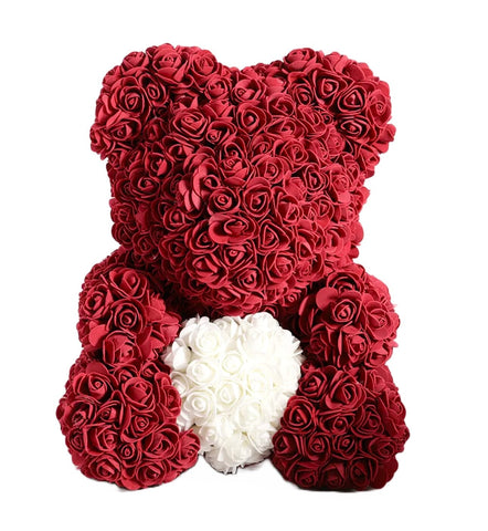 Luxury Red Wine with White Heart Rose Teddy Bear - A Forever Gift - Flowers Box London