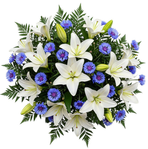 Luxury White Lily with Blue Cornflowers Bouquet