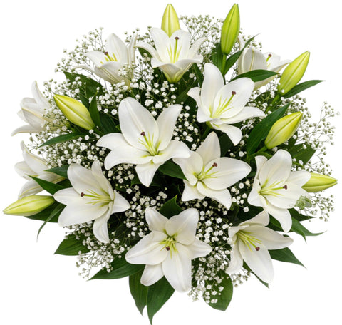 Luxury White Lily with Gypsophila Bouquet - Flowers Box London