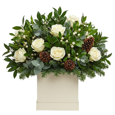 Luxury White Roses with Mistletoe Christmas Box - Flowers Box London