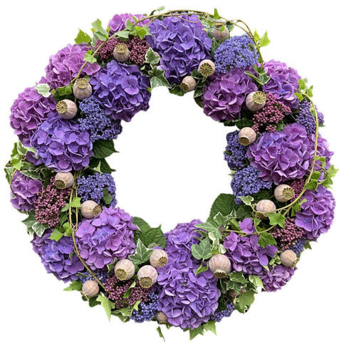 Luxury Wreath of Purple Hydrangea and Papaver - Flowers Box London