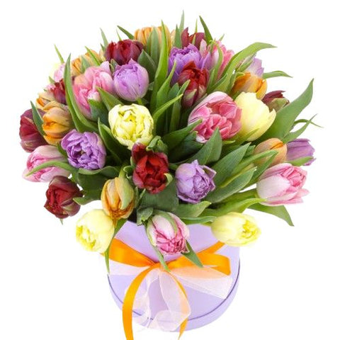 Multicolored Double Tulips Lovely Box
