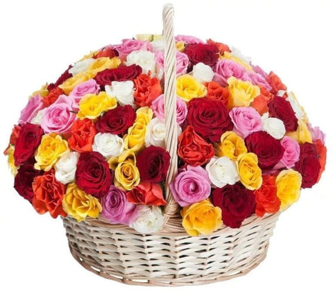 Multicolored Roses in Basket - Flowers Box London